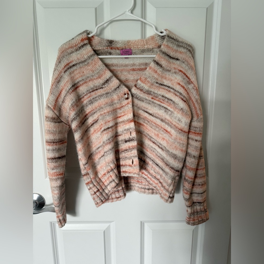 Pink, Cream and Brown Cardigan Sweater V-Neck